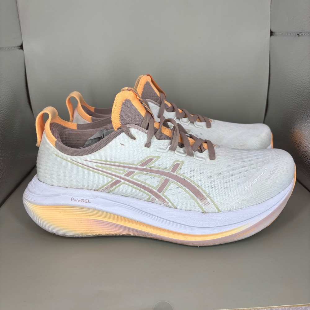 ASICS Gel-Nimbus 27 Womens 9.5 Running Shoes White Orange Taupe 1012B753
